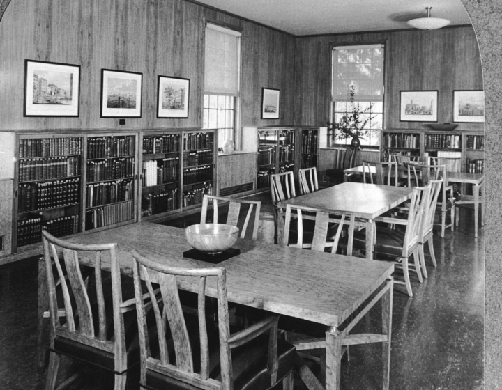 Black and white photo of the first library at the Arboretum.